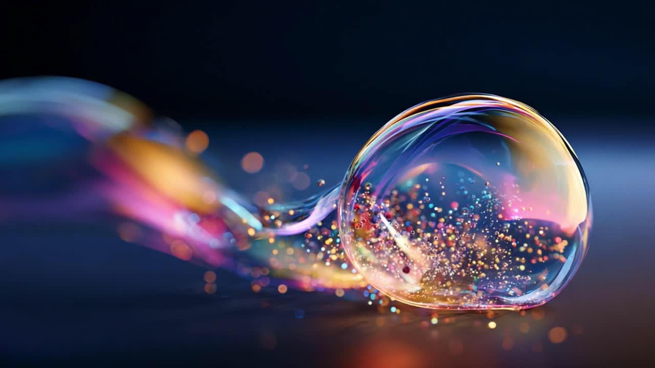 A Mesmerizing Visual Journey Through the Iridescent World of Bubbles, Captivating the Eye with Vibrant Colors and Enchanting Sparkles, Symbolizing Fluid Motion and Transience