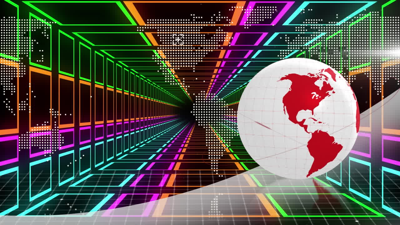 디지털 터널을 통해 세계 지도와 지구의 애니메이션