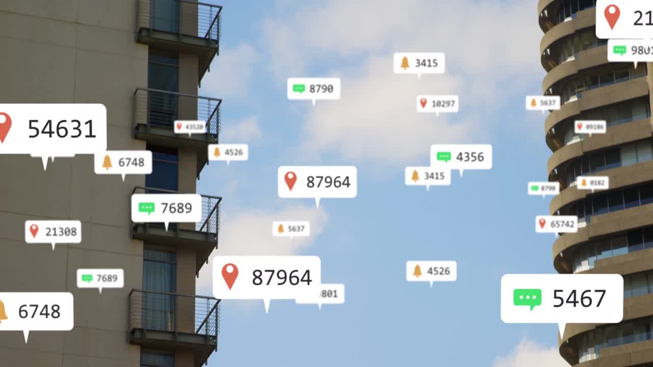 파란 하늘을 배경으로 높은 건물 위에 떠다니는 소셜 미디어 아이콘의 애니메이션