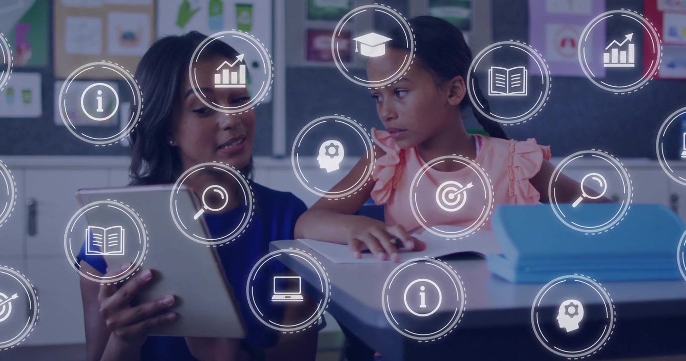 Teacher tilting tablet toward student in classroom, animated HUD icons growing and guiding learning