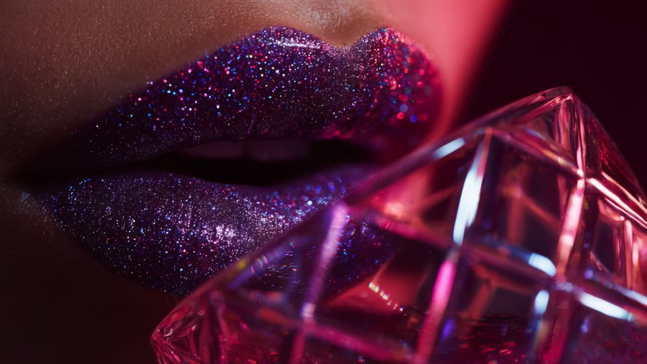 A stunning showcase of shimmering glitter lips, featuring a mesmerizing blend of colors that embrace the beauty of cosmetics and creativity, accentuated by a sparkling crystal prop that captures light beautifully
