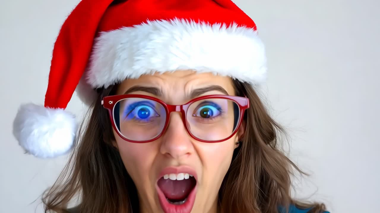 Una donna con un cappello da Babbo Natale e occhiali, con la bocca aperta.