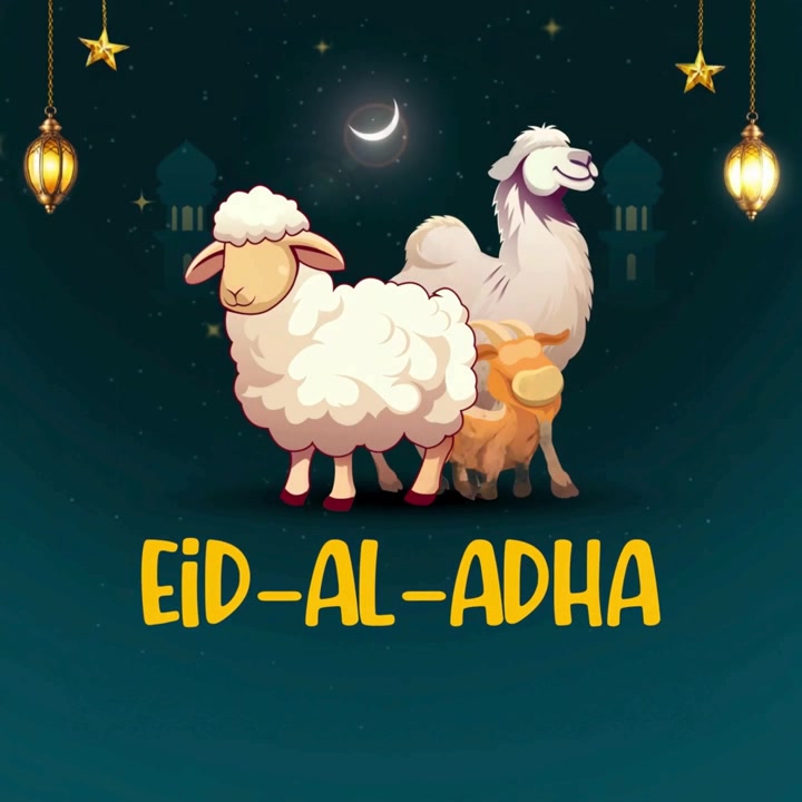 Animazione banner di auguri Eid Al Adha con lanterne, luna, pecore e cammello carini