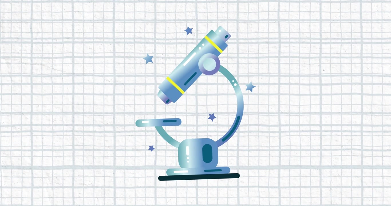 A digitally generated video of a microscope icon moving over a white background
