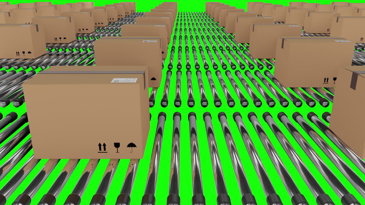 filas de cajas de embalaje de cartón que se mueven en cintas transportadoras