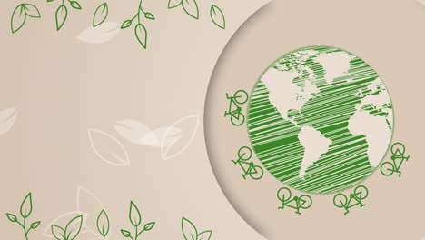 bicycles move around planet earth. plant ornament on a beige background. looped animation with empty space for text.