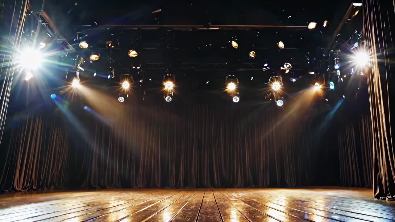 Wide-angle shot of an empty stage with dramatic lighting and dark curtains, perfect for a theater