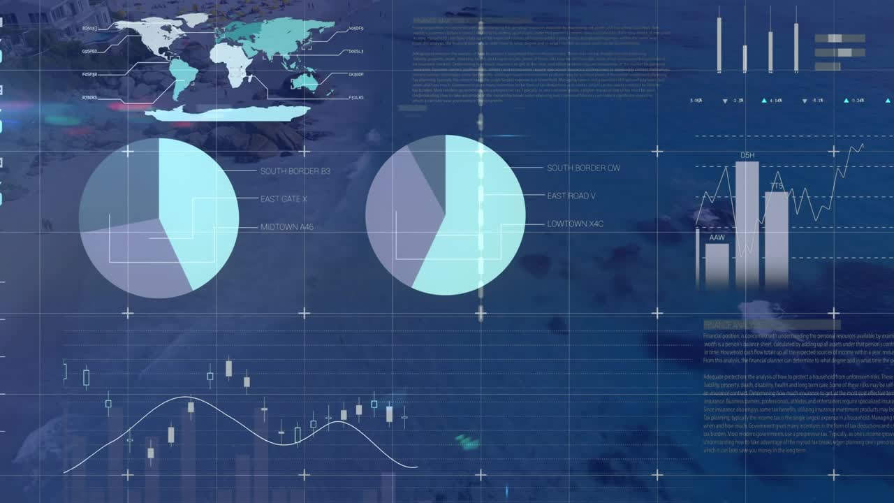 Animation of financial data processing over landscape