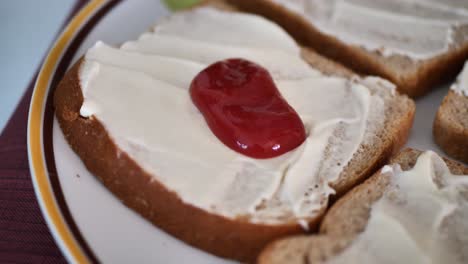 Ketchup-Auf-Vollkornbrot-Mit-Veganer-Mayonnaise-Spritzen