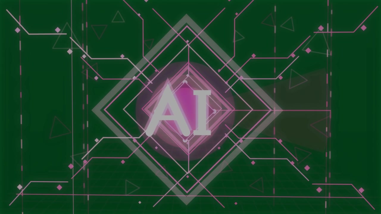 AI diamond emblem glowing and pulsing, sending scan, forming circuit grid on transparent background