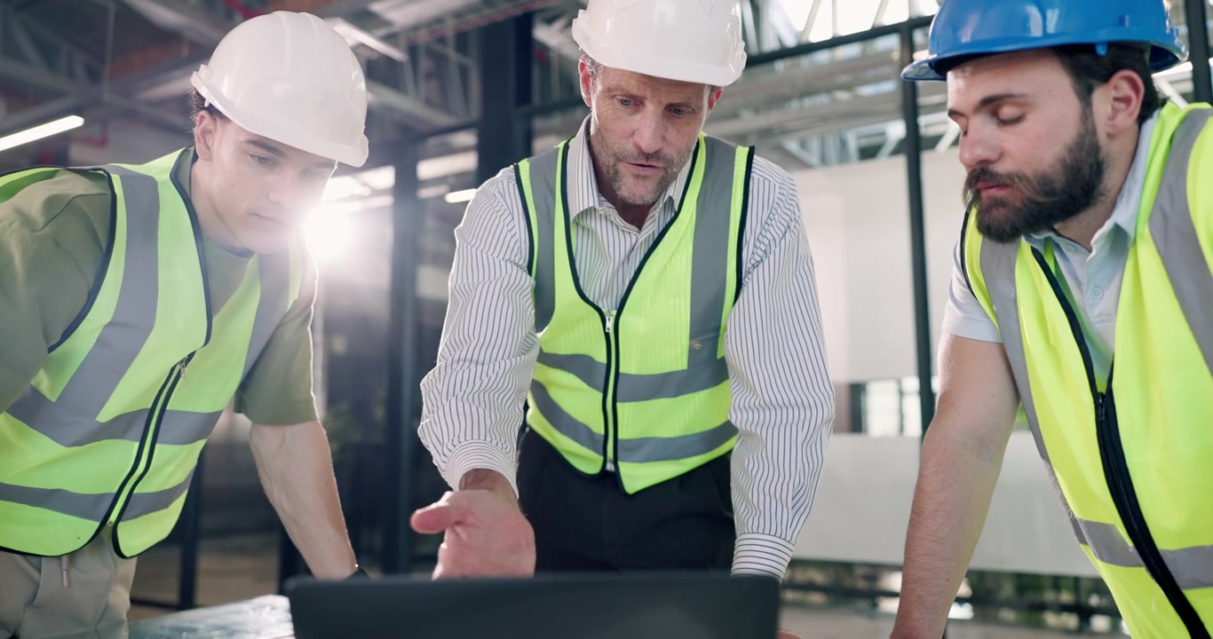 Ingegneri edili che esaminano i piani del progetto sul laptop in ufficio