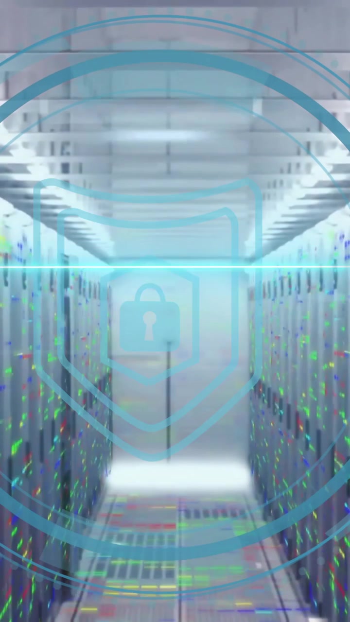 Animation of cyber security text with digital data processing over computer servers