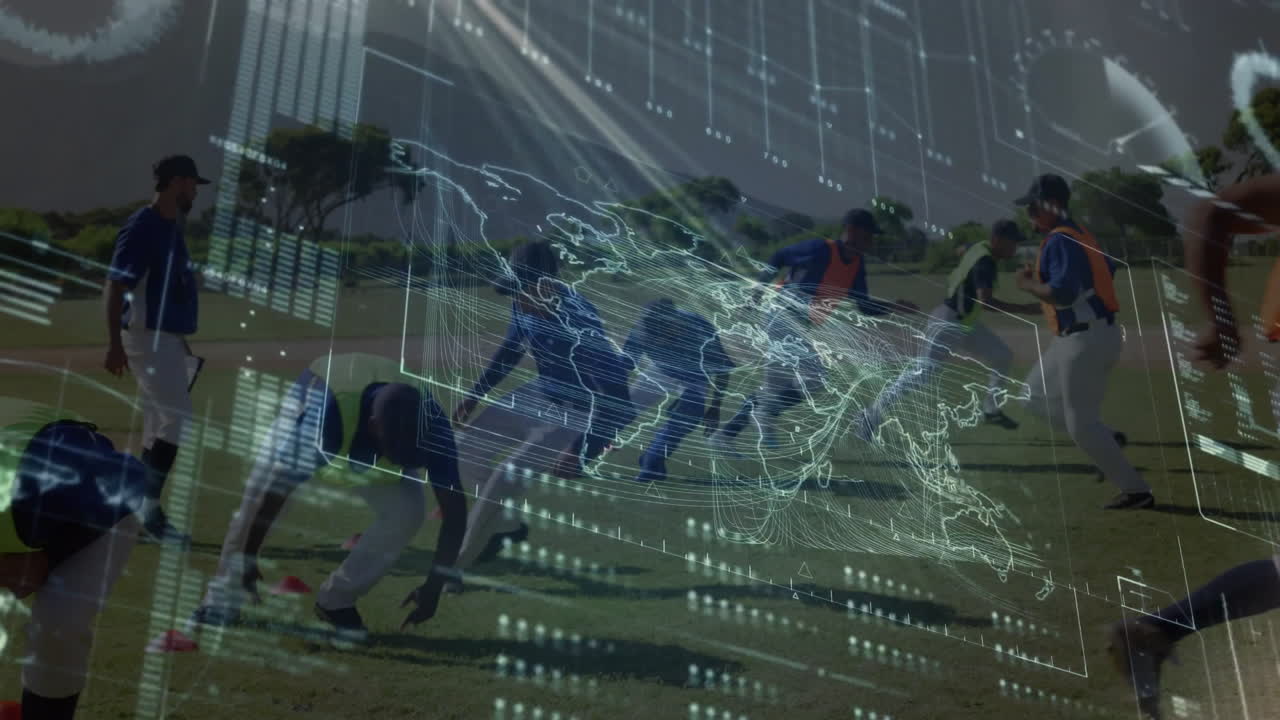 Male baseball players and coach doing agility drills with orange cones showing sports data overlay
