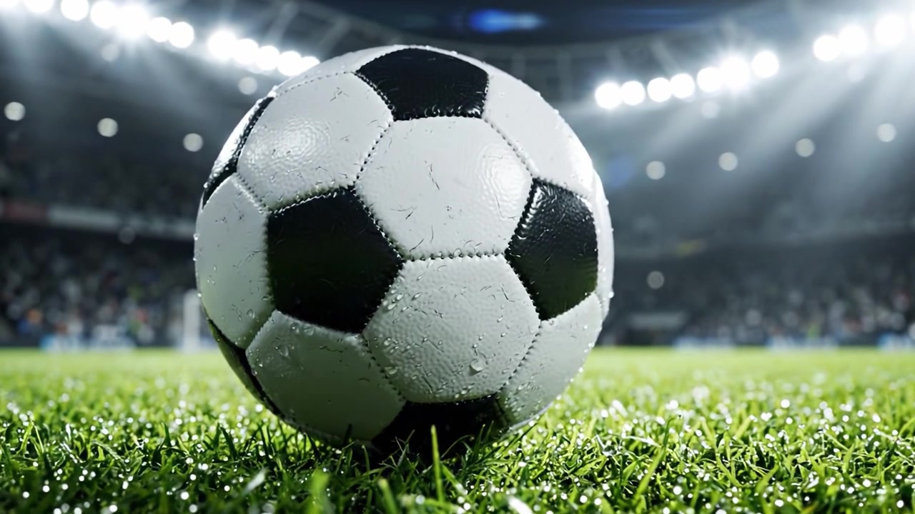Lähikuva märästä jalkapallosta rehevällä vihreällä kentällä, kuvattuna kirkkaiden valojen valaisemalla stadionilla, esitellen urheilun jännitystä