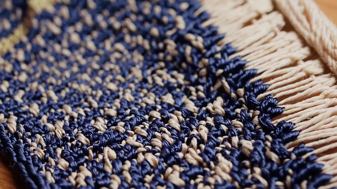 Close-up of a Woven Mat with Blue and Beige Threads