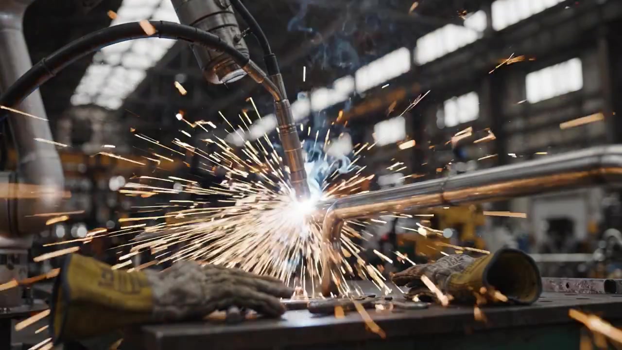 Robotic Welding Process: Sparks and Smoke Emanate from Automated Welding Torch in Industrial Environment, Showcasing Modern Manufacturing Techniques and Precision