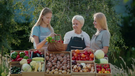 a family of farmers at the counter of an agricultural fair. local vegetables on the counter