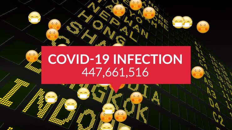 Covid-19 infection text with increasing cases and face emojis falling over airport information board