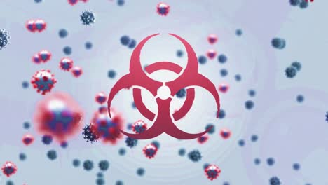 Animation-of-biohazard-over-floating-virus-cells-over-light-violet-background