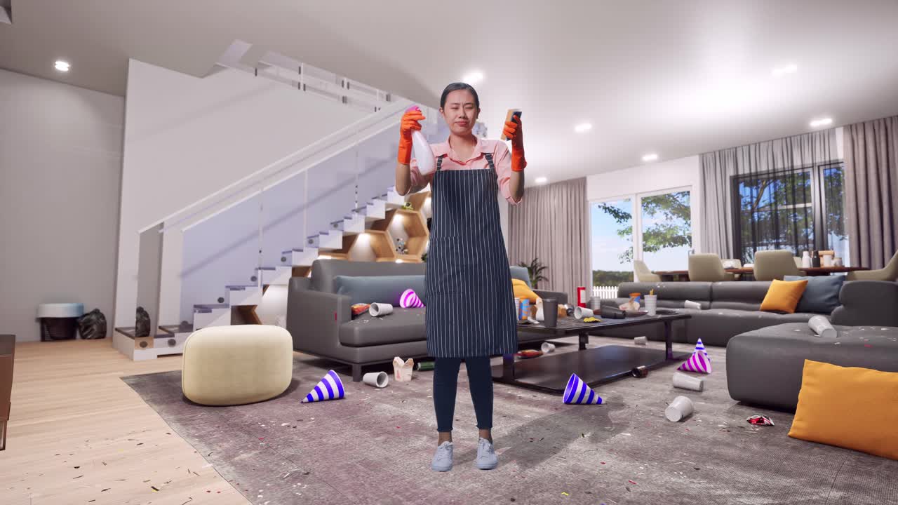 Full Body Of Asian Female Housekeeper With An Apron Looking At A Spray And Kitchen Sponge Then Having A Headache In House