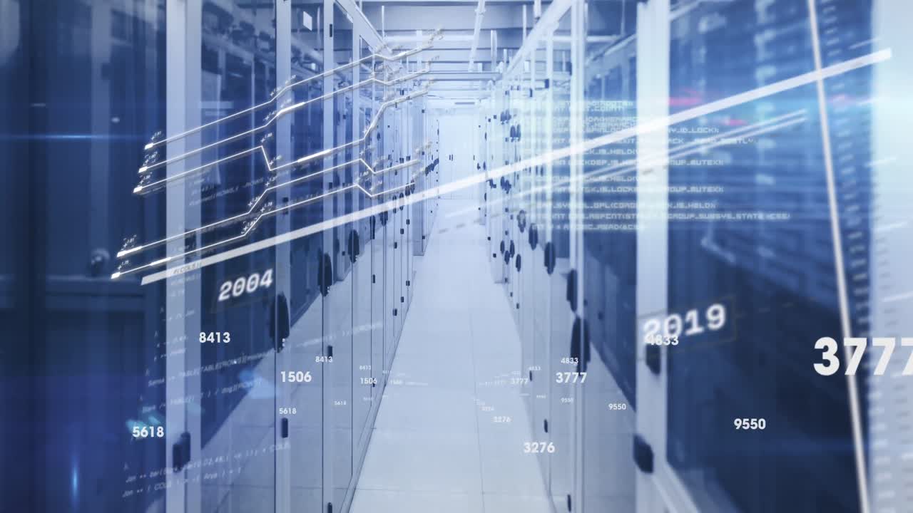 Animation of interface with data processing against computer server room
