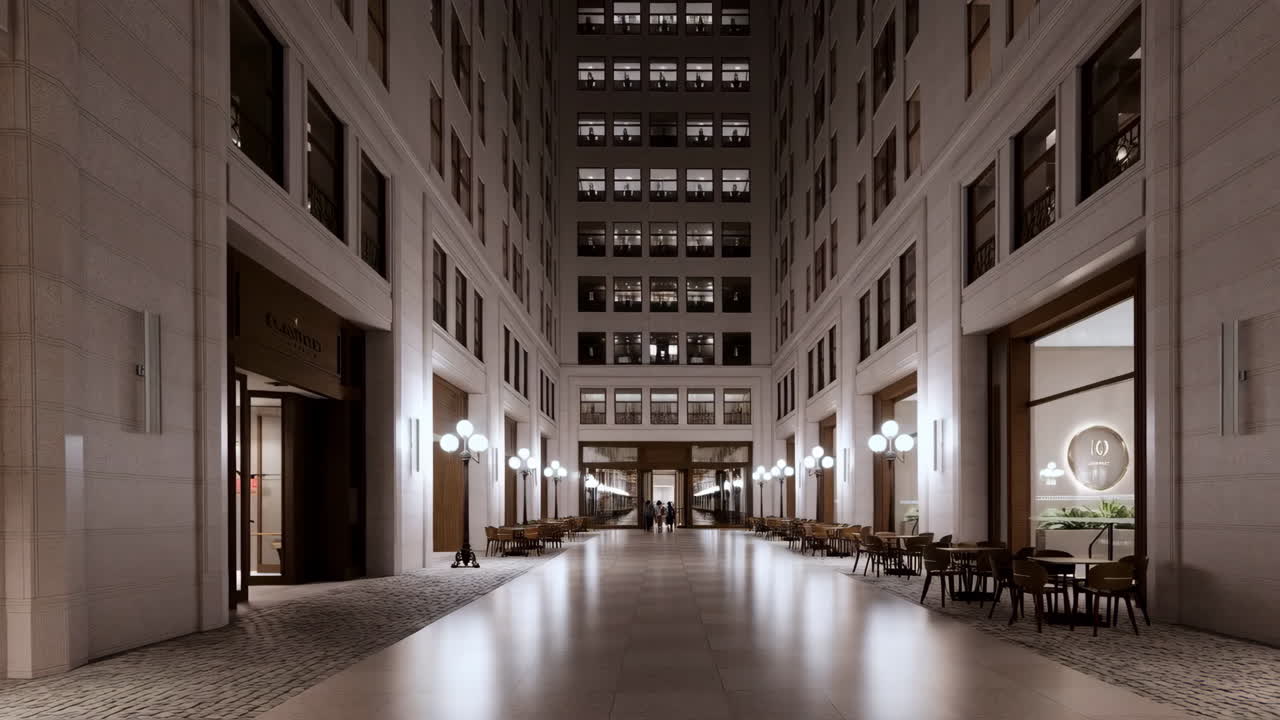 An illuminated indoor passage with shop fronts and cafe seating in a modern building