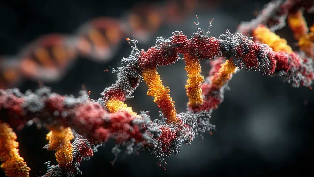 A Close-Up View of DNA Structure Highlighting the Intricate Patterns and Colorful Interactions of Molecules in Genetic Material