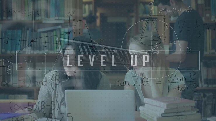Animation of mathematical symbols, on demand and level up text over students studying in library