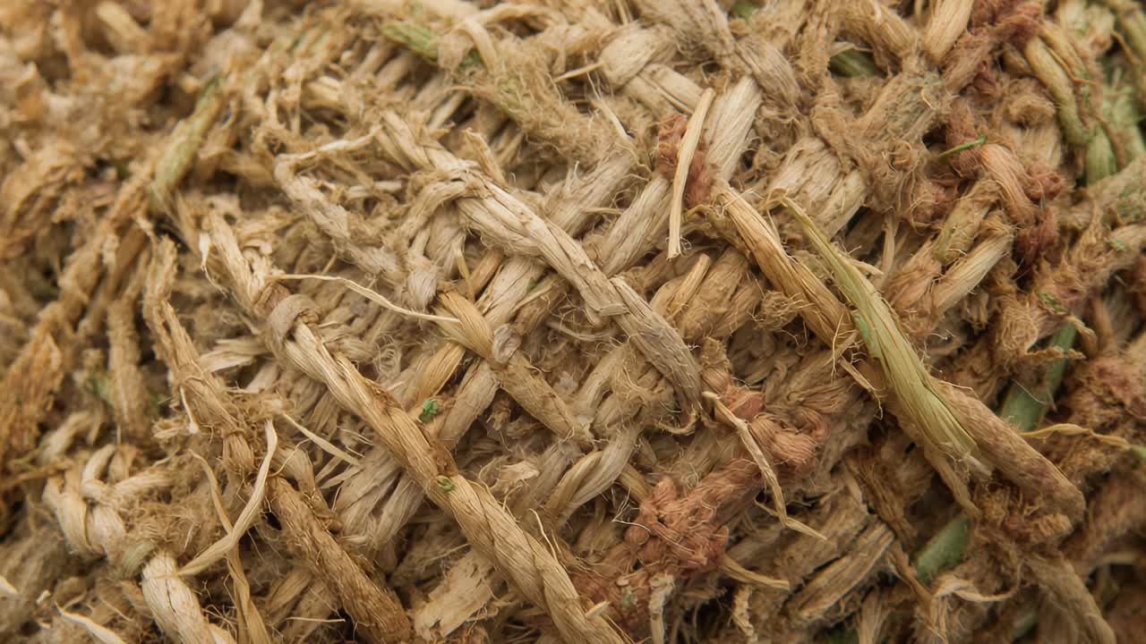 Shifting camera examining braided jute patch in workshop, revealing pale green fragments