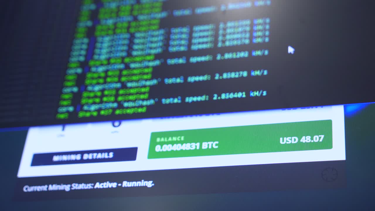 Screen with crypto code. Program code for mining cryptocurrency, mining work. Screen with software developer code. Crypto-currency