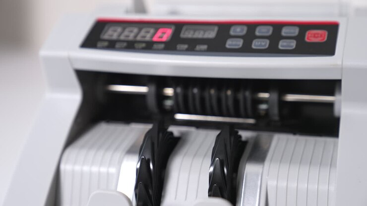 Wad of hundred dollar bills being counted in the banking equipment. Money rotated in machine and then stop. Close up.