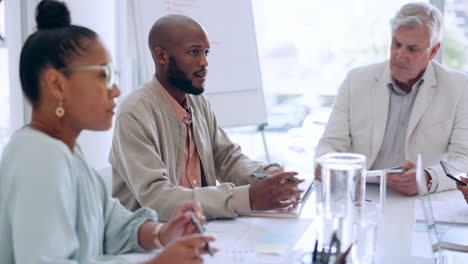 discussion, meeting and black man talking to