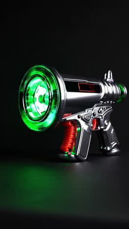 retro sci-fi toy ray gun with green light on dark background