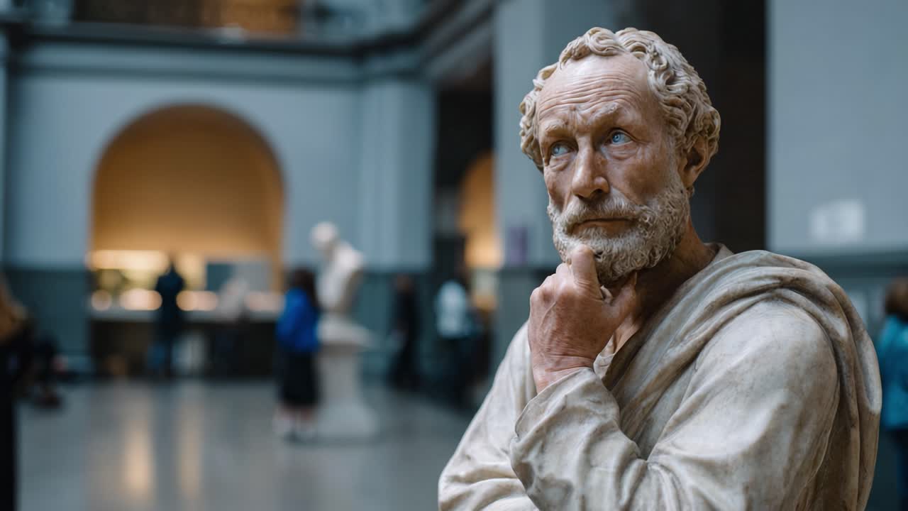 Escultura reflexiva de un filósofo en un museo de arte, que captura la esencia de la contemplación y la sabiduría a través de la piedra y la expresión con un detalle impresionante
