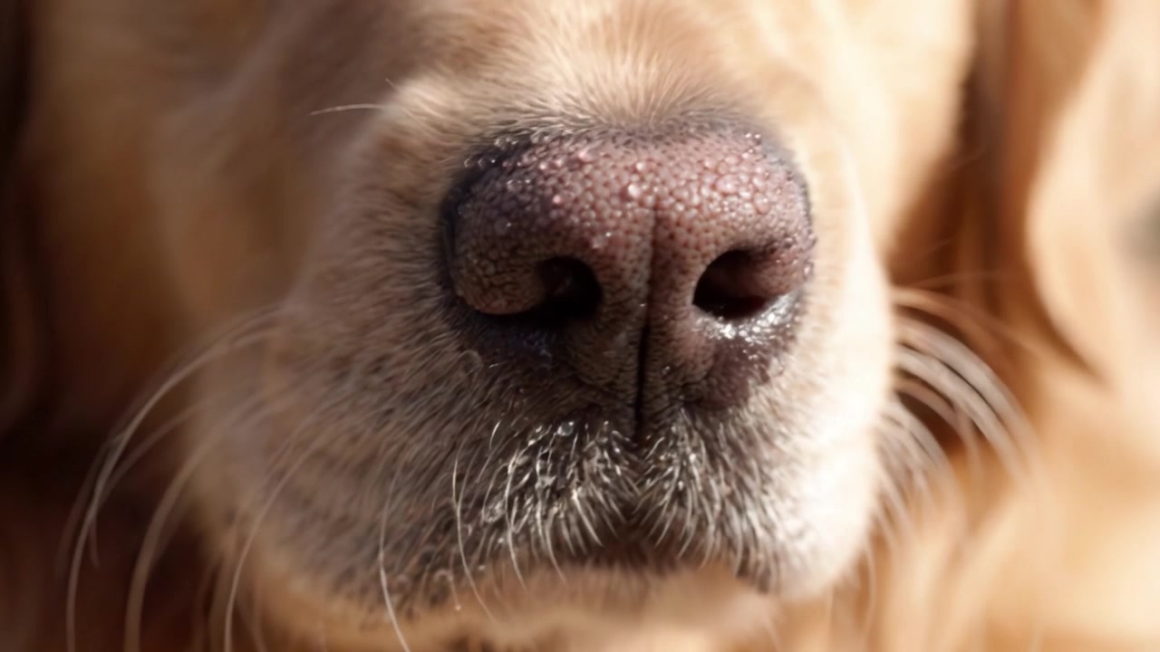 Close-Up of a Golden Retriever's Snout: Capturing the Intricacies of Canine Features and the Unique Texture of Its Nose Fur and Whiskers in Vibrant Detail