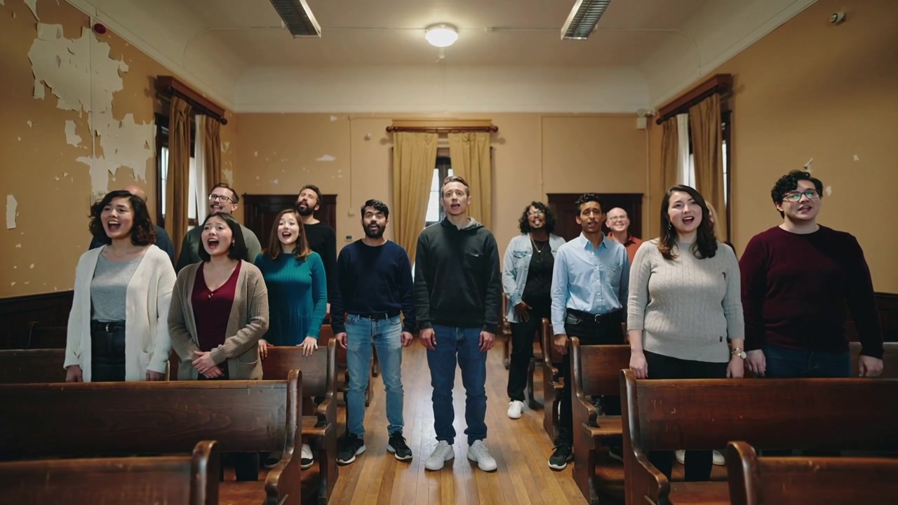 Bocche che si aprono all'inizio, un ensemble di dodici cantanti che proietta un canto in una piccola cappella con banchi.