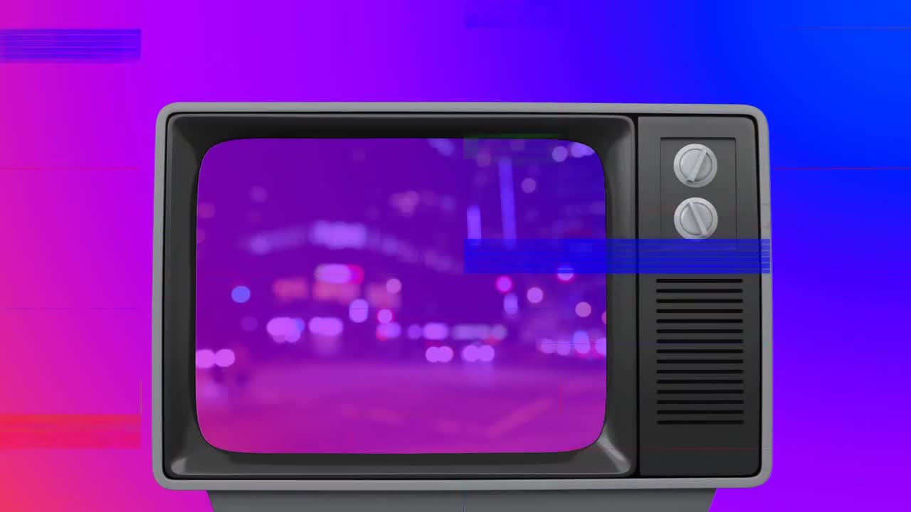 빈티지 텔레비전 세트 위에 글리치가 있는 반 ⁇ 이는 다채로운 직사각형의 애니메이션