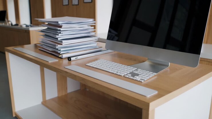 Büroarbeitsplatz mit Computer und Dokumenten