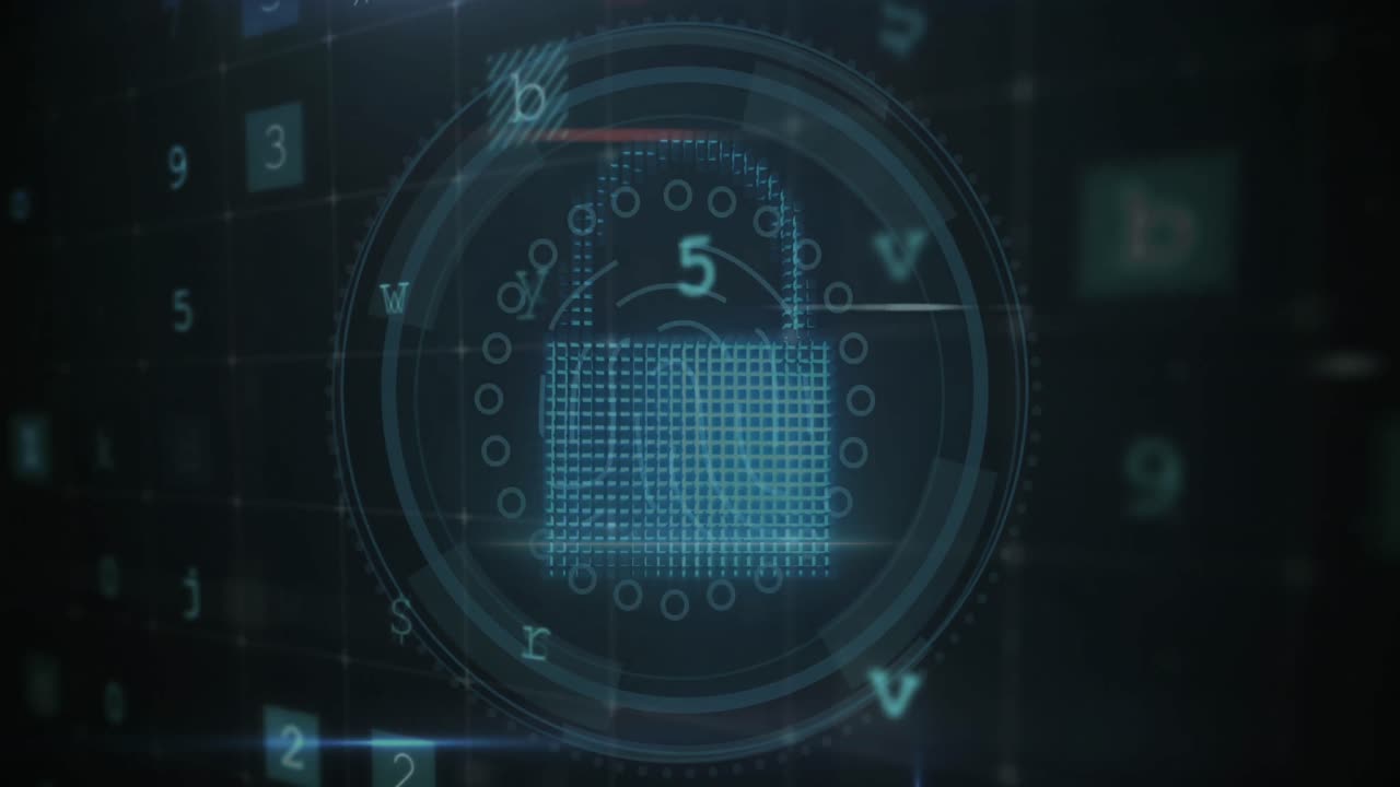 Animation of cloud, lock, shield in circles with multiple texts, number and symbols on grid