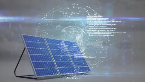 animation of globe of network of connections over solar panels against clouds in the sky