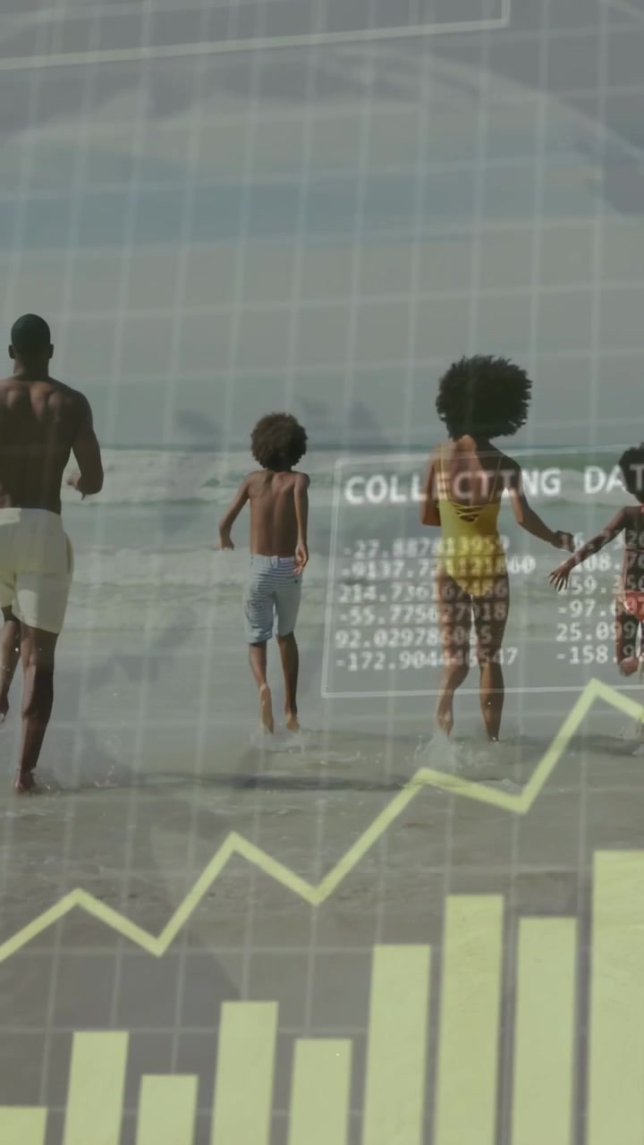 Vertical video: Family running into surf, drawing them data tech charts overlaying COLLECTING DATA