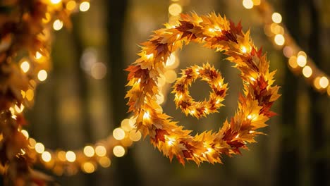 a captivating display of autumn leaves illuminated by soft twinkling lights, creating a magical vortex of warmth and natural beauty in a forest setting