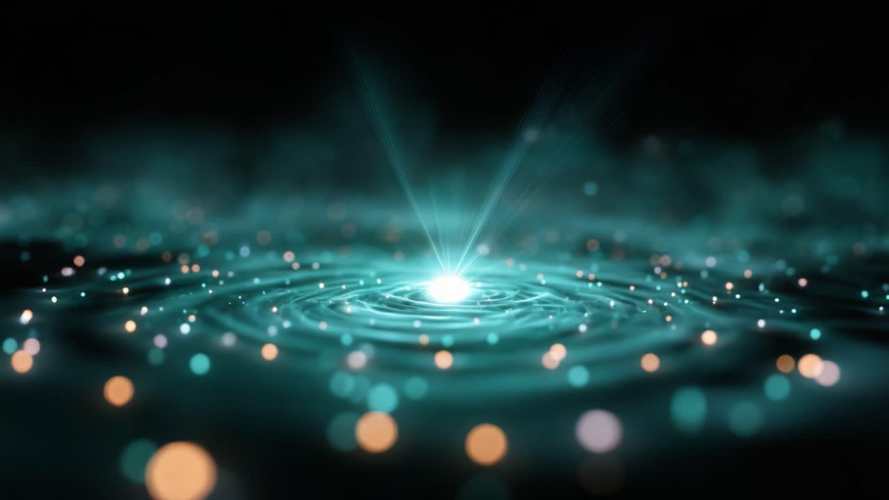 Un turbinio ipnotico di tonalità turchesi e smeraldo emana luce in una tranquilla scena cosmica, rivelando la bellezza di particelle vorticose in un cosmo digitale