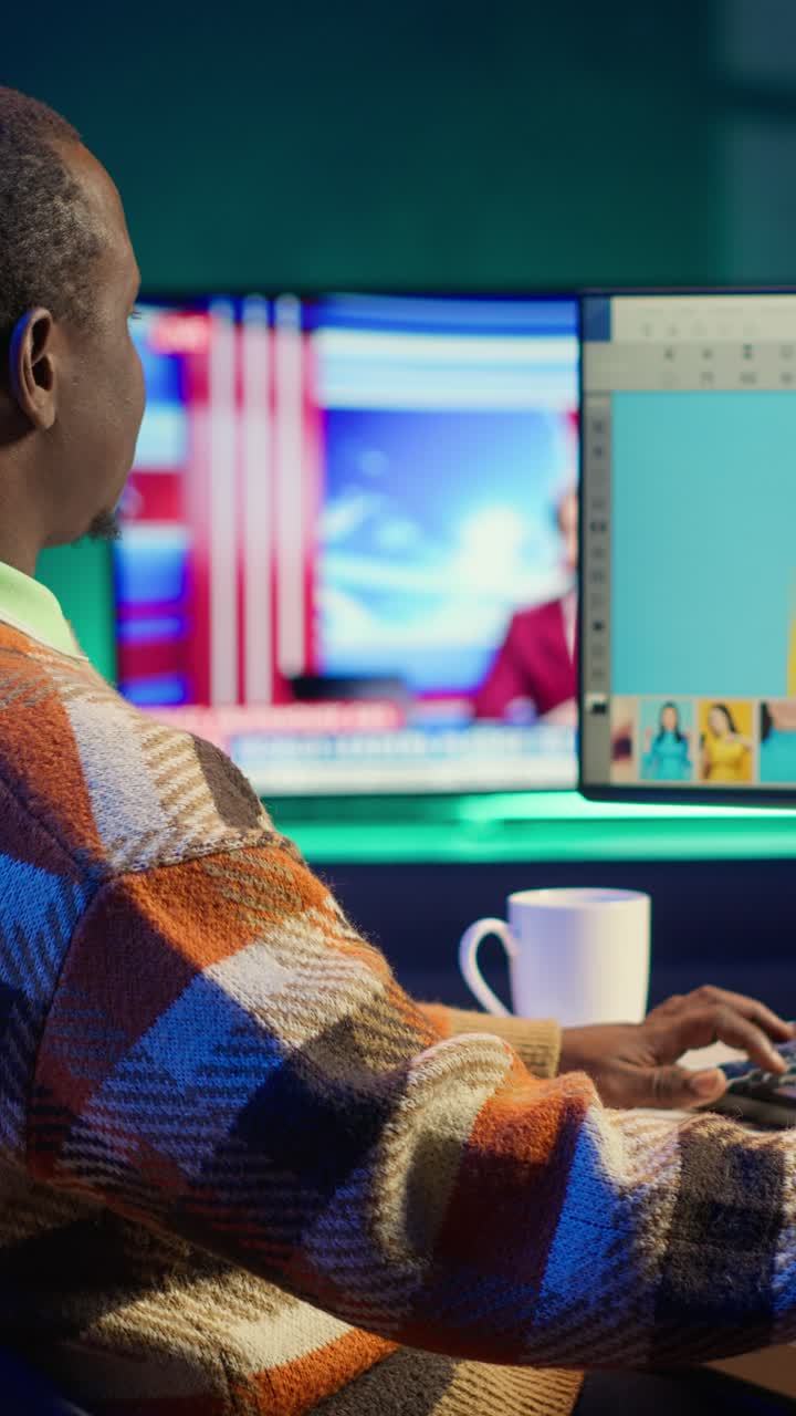 Vertical Video African american male photo editor multitasking on dual monitors in modern setup