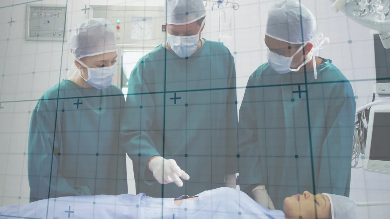 three surgeons performing surgery in operating room, with surgical lamp and digital grid overlay
