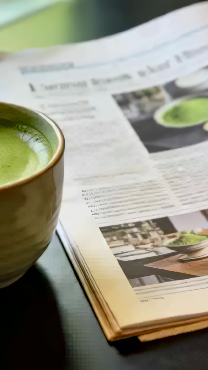 Vertical video: Shifting camera revealing newspaper text by window with matcha cup left, copy space