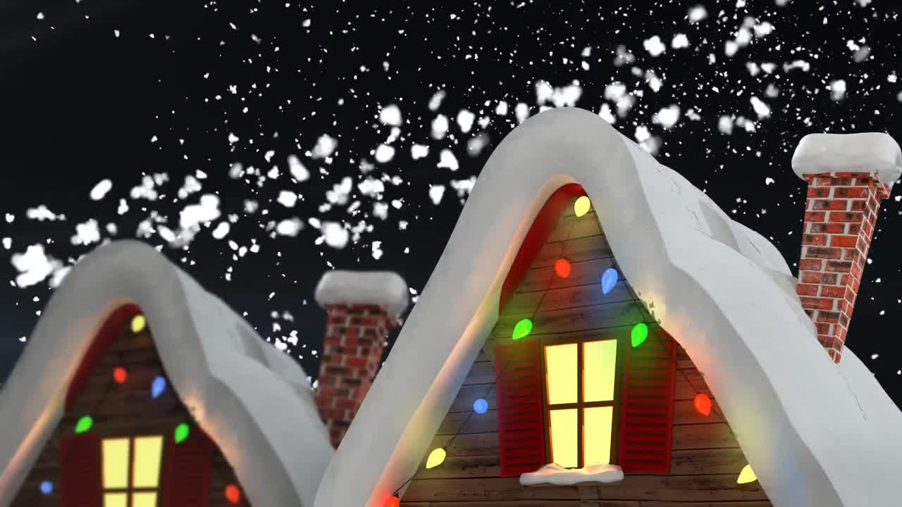 요정의 불빛으로 집 위에 내리는 눈의 애니메이션
