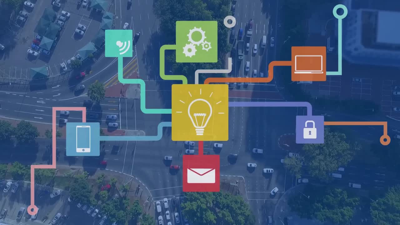 도시 풍경 위의 미디어 아이콘의 애니메이션