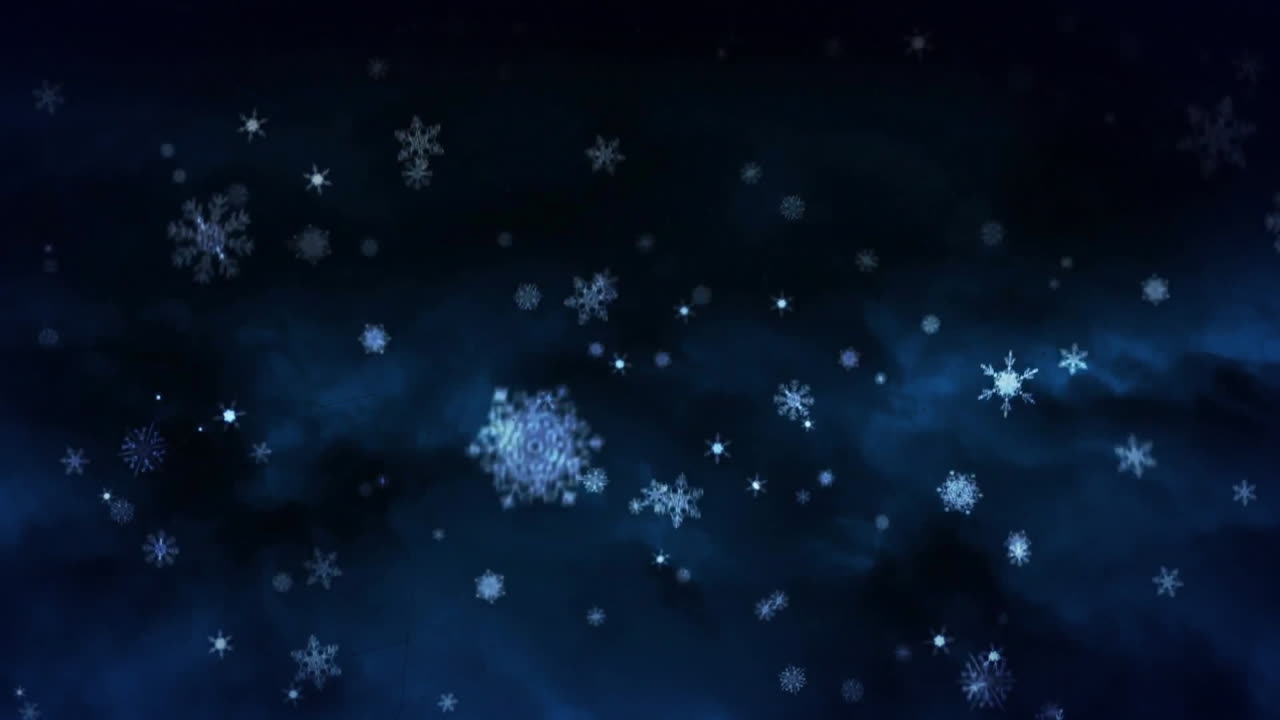 Animation of snow flakes falling and glowing light spots moving over black background