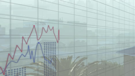 animación del procesamiento de datos estadísticos a través de la red de cuadrícula frente a una vista aérea del paisaje urbano